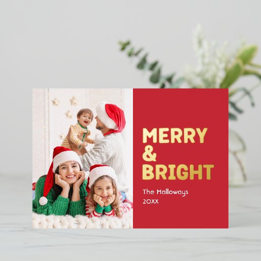 Vet Modern Rood Één Foto Vrolijk en Helder Goud Folie Feestdagenkaart (Staand Voorkant)