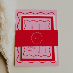 Vet Modern Rood en Roze Monogram Uitnodigingen Wikkel