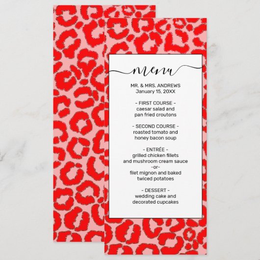 Vet modern rood roze luipaard menu (Voorkant / Achterkant)