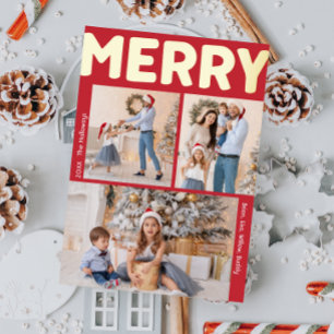 Vet Modern Rood Verticaal Drie Foto Merry Gold Folie Feestdagenkaart