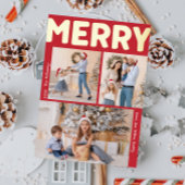 Vet Modern Rood Verticaal Drie Foto Merry Gold Folie Feestdagenkaart