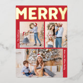 Vet Modern Rood Verticaal Drie Foto Merry Gold Folie Feestdagenkaart (Voorkant)