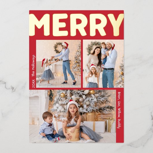 Vet Modern Rood Verticaal Drie Foto Merry Gold Folie Feestdagenkaart (Voorkant)