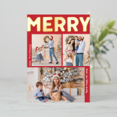 Vet Modern Rood Verticaal Drie Foto Merry Gold Folie Feestdagenkaart (Staand Voorkant)