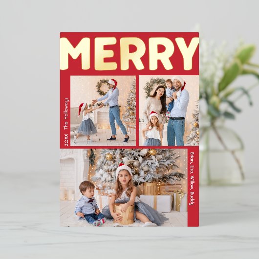 Vet Modern Rood Verticaal Drie Foto Merry Gold Folie Feestdagenkaart (Staand Voorkant)