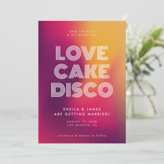 Vet Modern Roze Gele Gradiënt Disco Bruiloft Save The Date (Staand voorkant)