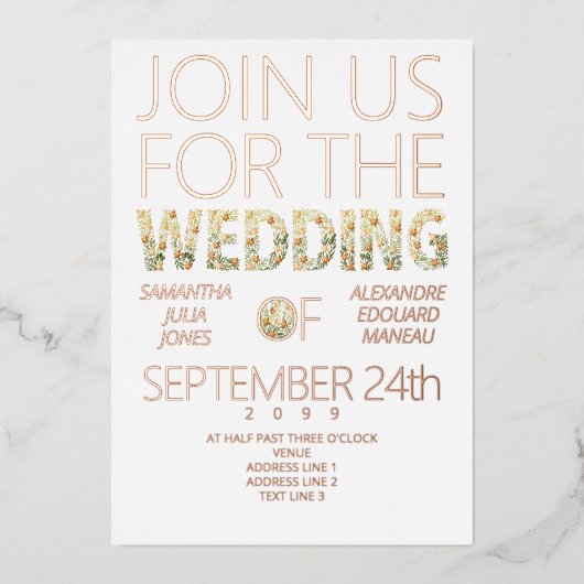 Vet Modern Rustiek Boho Bloemen Groen Bruiloft Folie Uitnodiging (Voorkant)