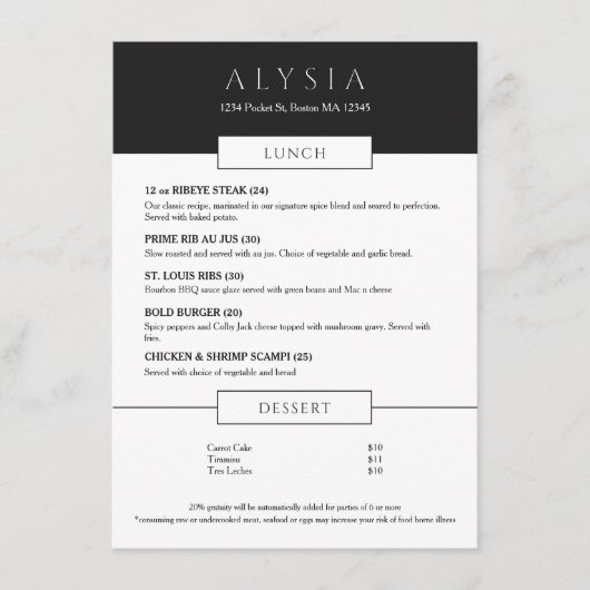 Vet Modern Steakhouse Lunch Flat Menu (Voorkant)