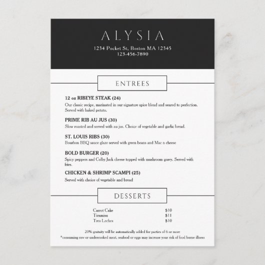 Vet modern steakhouse plat menu (Voorkant)