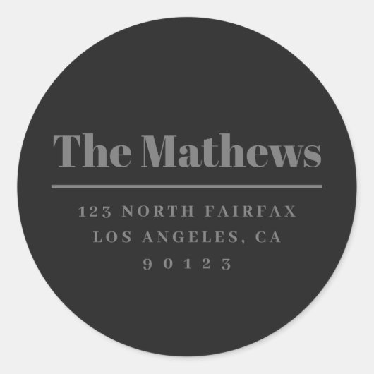 Vet modern terugkeeradres donkergrijs ronde sticker (Voorkant)