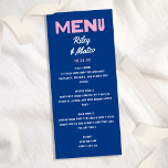 Vet Modern Type Funky Kleurrijke Blauw Roze Huweli Menu<br><div class="desc">*Alle kleuren van dit ontwerp zijn aanpasbaar! Deze moderne en leuke trouwkaart heeft een kobaltblauwe achtergrond,  roze "Menu" en retro-typografie. Dit ontwerp maakt een leuke en kleurrijke statement voor een moderne bruiloft!</div>