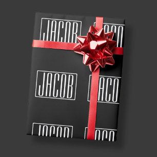 Vet & Modern Uw Naam of Woord Wit Op Zwart Cadeaupapier