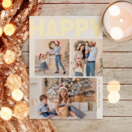 Vet Modern Verticaal 3 foto Happy Gold Folie Feestdagenkaart