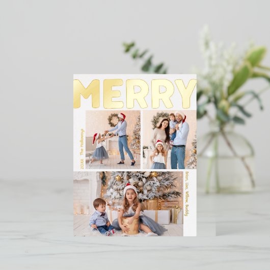 Vet Modern Verticaal Drie Foto Merry Gold Folie Feestdagen Briefkaart (Staand Voorkant)