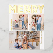 Vet Modern Verticaal Drie Foto Merry Gold Folie Feestdagen Briefkaart (Voorkant)