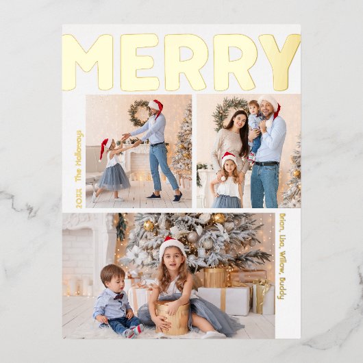 Vet Modern Verticaal Drie Foto Merry Gold Folie Feestdagen Briefkaart (Voorkant)