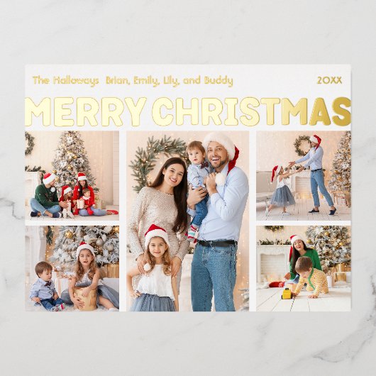 Vet Modern Vijf Foto Vrolijk Kerstmis Goud Folie Feestdagen Briefkaart (Voorkant)