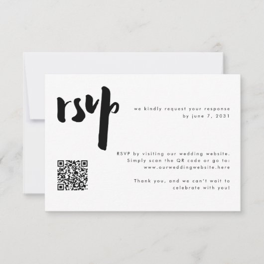 Vet Modern Zwart Borstel Script Wedding QR Code RSVP Kaartje (Voorkant)