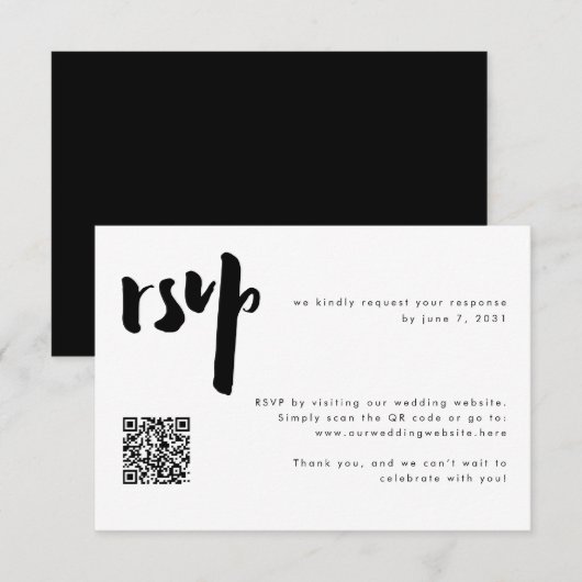 Vet Modern Zwart Borstel Script Wedding QR Code RSVP Kaartje (Voorkant / Achterkant)