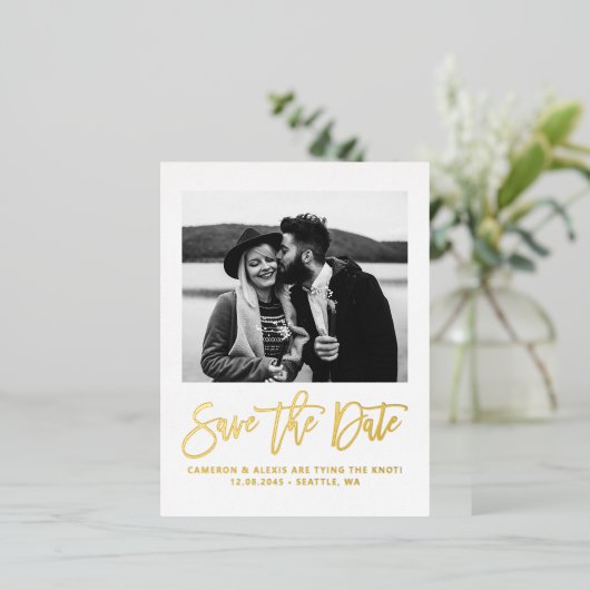 Vet Moderne kalligrafie Foto opslaan Datum goud Folie Uitnodiging Briefkaart (Staand Voorkant)