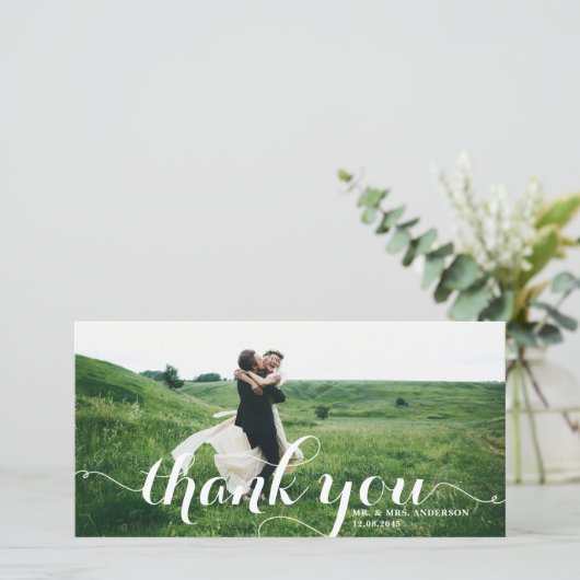 Vet Moderne Kalligrafie Wit Foto Bruiloft Bedankkaart (Staand voorkant)