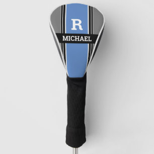 Vet monogram en naam, blauwe grijze en zwarte stre golfheadcover