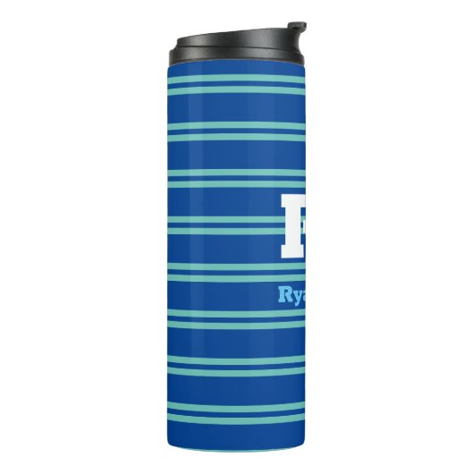 Vet monogram en naam, Lt Blauwgroen lijnen op diep Thermosbeker (Gedraaid links)