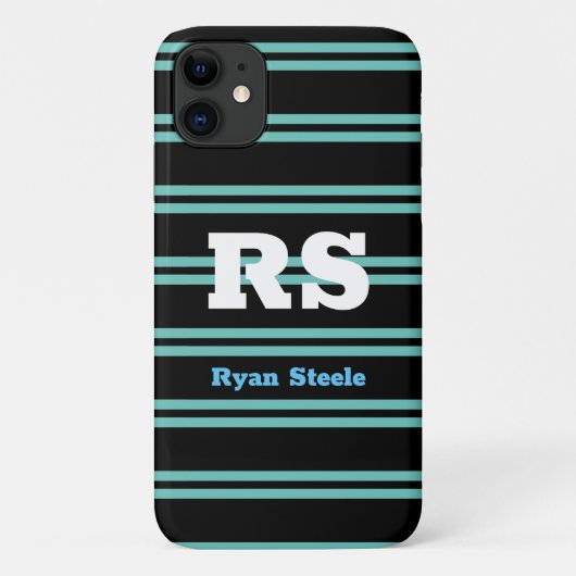 Vet monogram en naam, Lt. Blauwgroen lijnen op zwa Case-Mate iPhone Case (Achterkant)