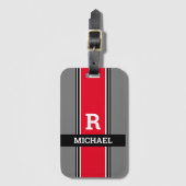 Vet monogram en naam, rode grijze en zwarte strepe bagagelabel (Voorkant (verticaal))