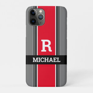 Vet monogram en naam, rode grijze en zwarte strepe Case-Mate iPhone case