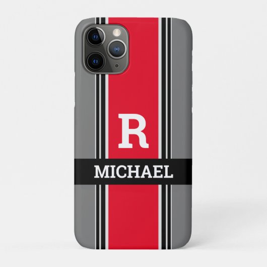 Vet monogram en naam, rode grijze en zwarte strepe Case-Mate iPhone case (Achterkant)