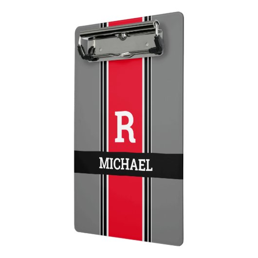 Vet monogram en naam, rode grijze en zwarte strepe mini klembord (Angled2)