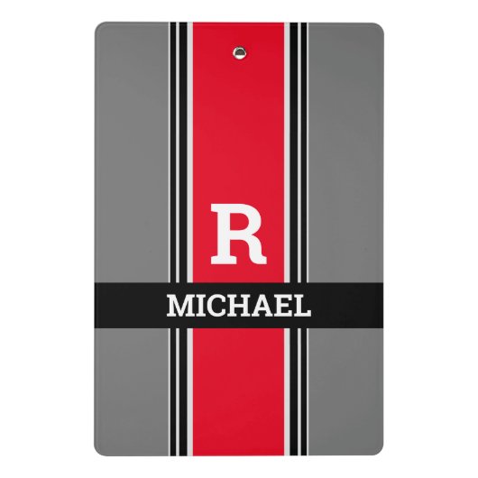 Vet monogram en naam, rode grijze en zwarte strepe mini klembord (Achterkant)