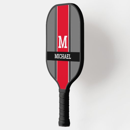Vet monogram en naam, rode grijze en zwarte strepe pickleball paddle (Links)