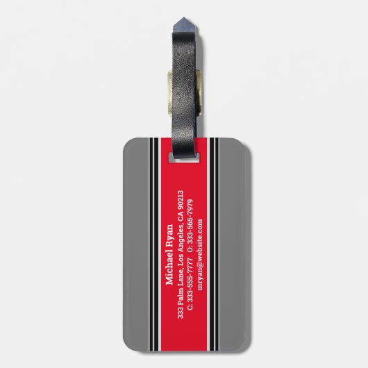 Vet monogram en naam, Rode grijze zwarte strepen,  Bagagelabel (Achterkant verticaal)