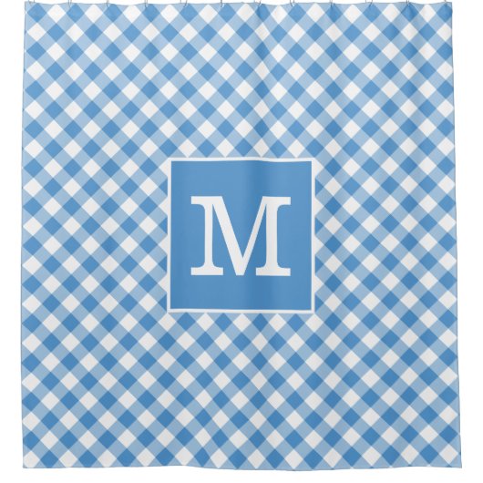 Vet Monogram Lichtblauw en Wit Gingham Patroon Douchegordijn (Voorkant)