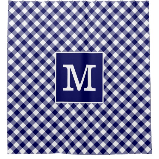 Vet Monogram Marine Blauw en Wit Gingham Patroon Douchegordijn (Voorkant)