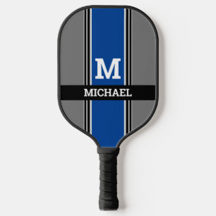 Vet monogram & naam Deep Blue Grey & Blk. Stripes Pickleball Paddle