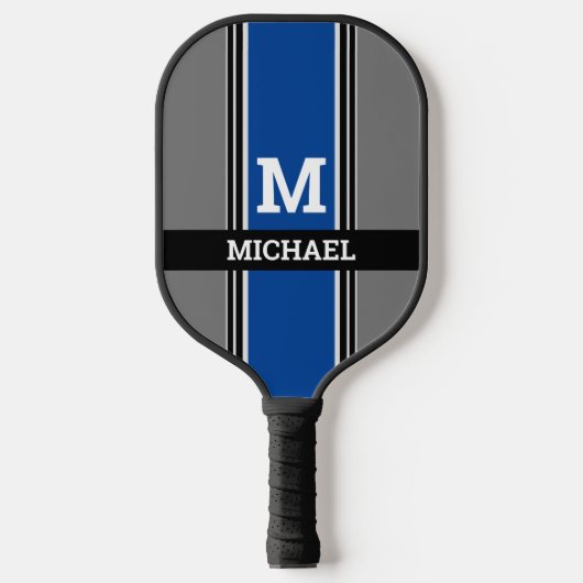 Vet monogram & naam Deep Blue Grey & Blk. Stripes Pickleball Paddle (Voorkant)