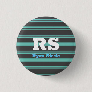 Vet monogram & naam, lichte teal lijnen op donkerg ronde button 3,2 cm