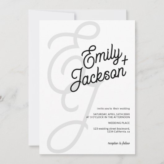 Vet monogram penseelnamen zwarte qr code bruiloft kaart (Voorkant)