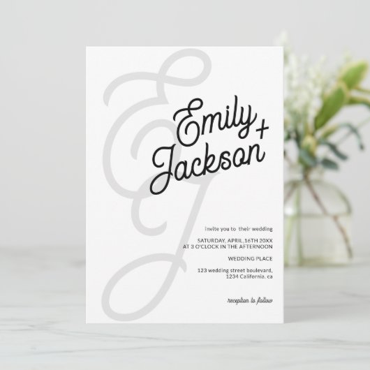 Vet monogram penseelnamen zwarte qr code bruiloft kaart (Staand voorkant)