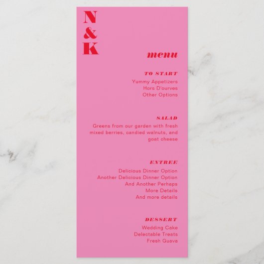 Vet Monogram Rood en Roze Bruiloft  Menu (Voorkant)