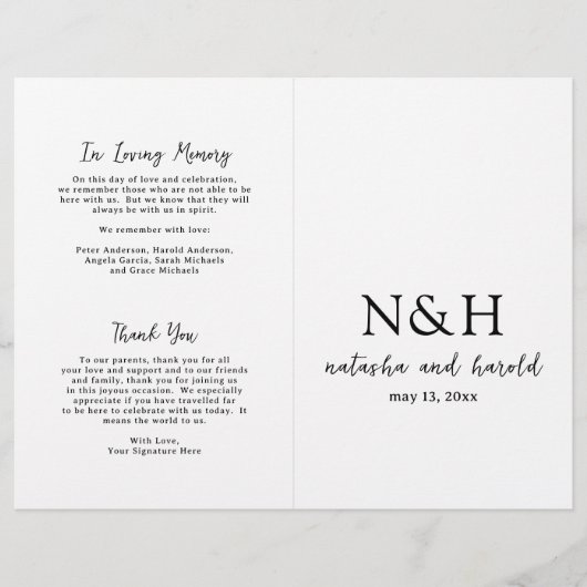 Vet Monogram Zwart en Wit Huwelijksprogramma (Voorkant)
