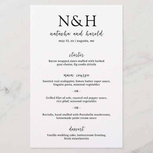 Vet Monogram Zwart en Wit Modern Trouwmenu (Voorkant)