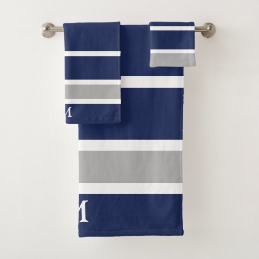 Vet Navy Blauw Grijs Monogram Badhanddoek Set Bad Handdoek (Insitu)