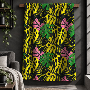 Vet neonroze neon groene Jungle Leaf knuffeldekbed Sherpa Deken