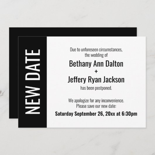 Vet Nieuwe Datum, Uitgestelde Bruiloft Aankondigin Kaart (Voorkant / Achterkant)