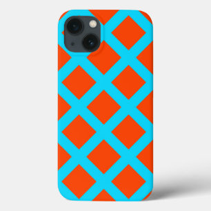 Vet Oranje en Turkoois Blauwe Vierkanten Patroon iPhone 13 Hoesje
