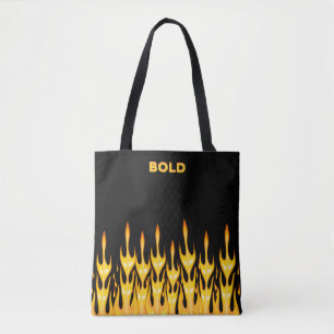 Vet oranje geel vuur vlammen op zwart tote bag